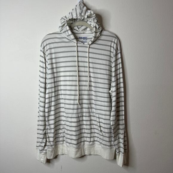 Old Navy White & Gray Striped Pullover Front Pocket Hoodie L - Picture 1 of 7